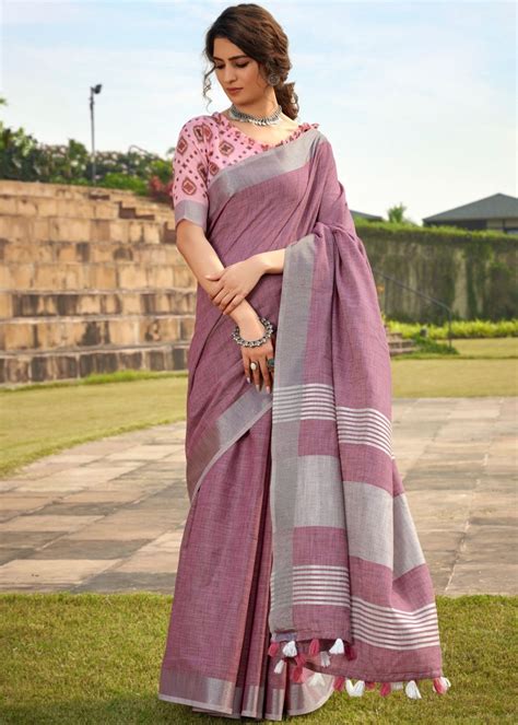Buy Pearl Purple Soft Linen Silk Saree Online - MySilkLove