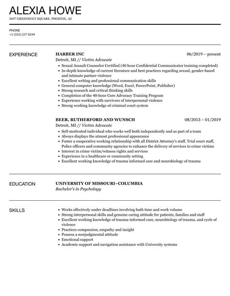 Victim Advocate Resume Samples | Velvet Jobs