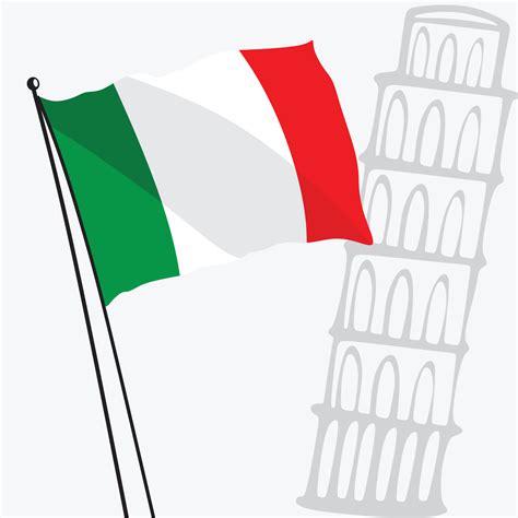 A black and white drawing of the leaning tower of pisa and italy flag ...