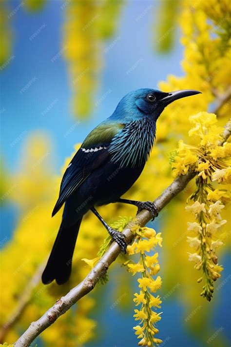 Premium AI Image | new zealand native bird tui is sitting on the branch of kowhai tree