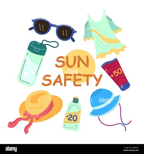 Clothes and products against sunburn vector illustrations set. Sun ...