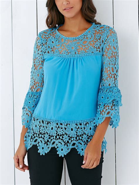 Azure Xl Lace Insert Crochet Lace Blouse | RoseGal.com