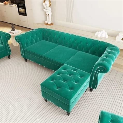 Expert wood Art ! Chesterfield 3+1 Footrest Stool Sofa Set Solid Sal ...