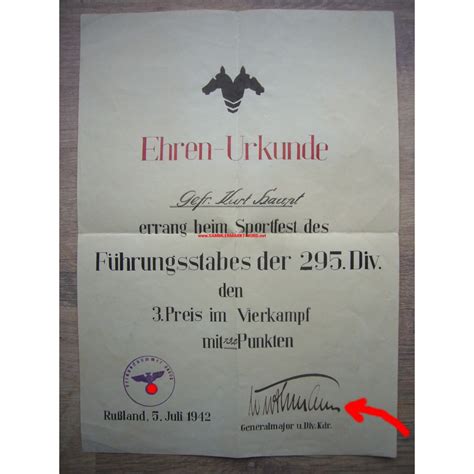 Certificate of Honor - 295. Infantry Division - Major General ROLF ...