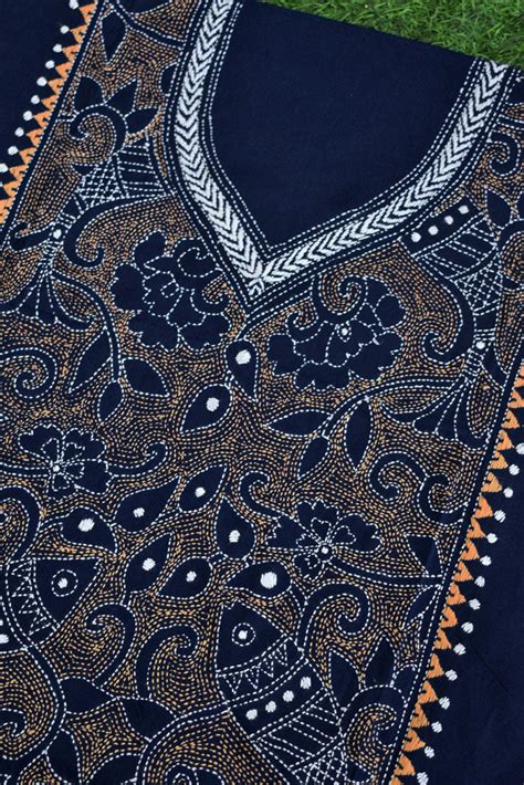 Hand Embroidered Kantha work cotton kurta fabric – India1001.com