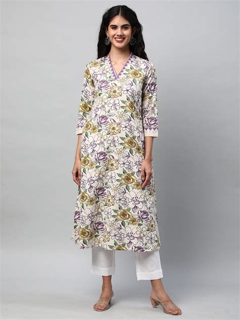 Printed a-line kurta with block print detail on neck and sleeve – Kami Kubi