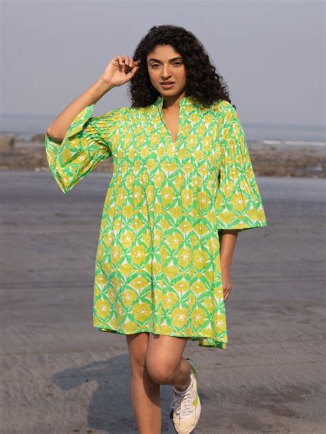 Claire Hand Block Printed Cotton Pintuck Dress| Pinklay