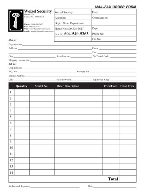 Weizel Security Mail/Fax Order Form - Blank Fillable Template | Fill ...