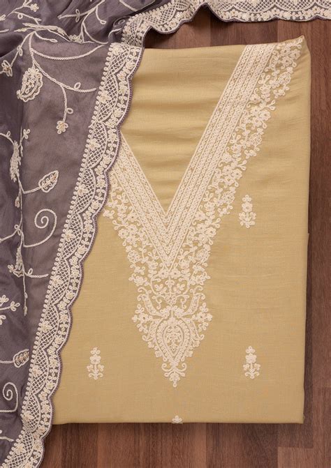 Buy Gold Threadwork Art Silk Unstitched Salwar Suit - Koskii