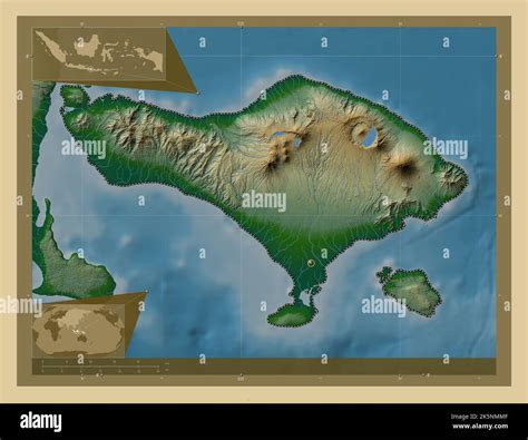 Bali, province of Indonesia. Colored elevation map with lakes and rivers. Corner auxiliary ...