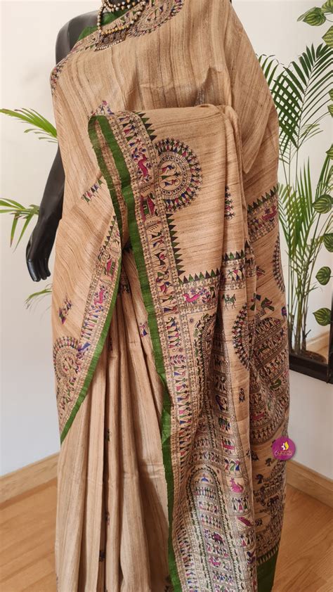 BEIGE HANDWOVEN MADHUBANI BLOCK PRINT GHICHA TUSSAR SAREE– 6yardsandMore