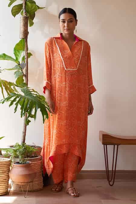 Buy Orange Cotton, Crepe Pearls Collared Lotus Print Asymmetric Kaftan ...