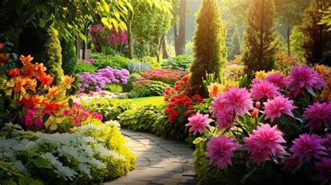 Premium Photo | Vivid garden with vibrant flowers flourishing plants and ample space for your ...