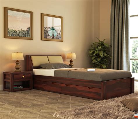 MoonWooden Solid Sheesham Wood Single Bed with Drawer Storage - Elegan