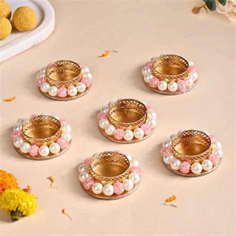 Faux Pearl Bordered Candle Holders With Pink Beads Set Of 6 Online ...