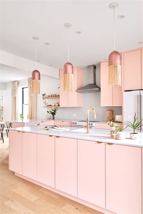 Elegant pink kitchen cabinets with white counters | Pink kitchen ...