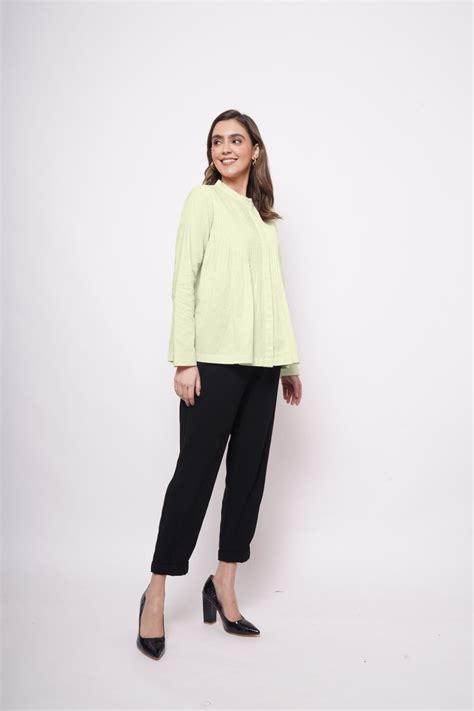 Office Wear Pin Tuck Linen Green Shirt| Western Era
