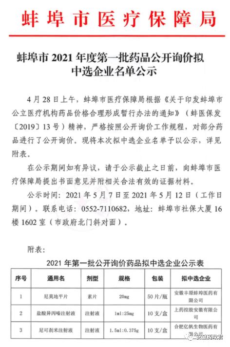 蚌埠市2021年度第一批药品公开询价拟中选企业名单公示 商务要闻 | 华源医药网