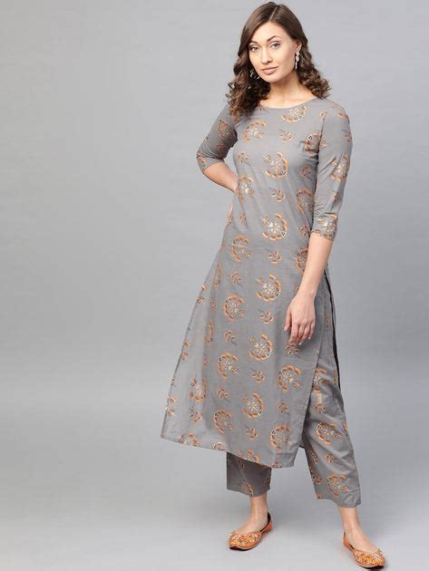 Slate Grey Multi colored printed Straight kurta Set with Straight Pant ...