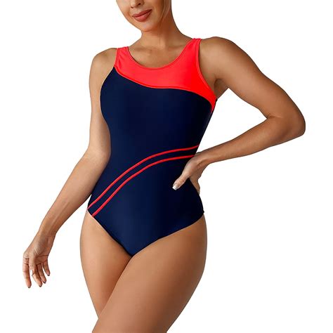 ASFGIMUJ Women's One Piece Round Neck Swimsuits Color Block Swimwear ...