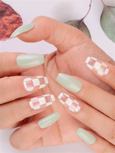 Upgrade Your Look Com 24 Peças Curto Coffin Xadrez Luz Verde Unha Falsa ...
