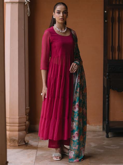 Buy Women's Dark Pink Georgette Kurta Set With Dupatta Online in India ...