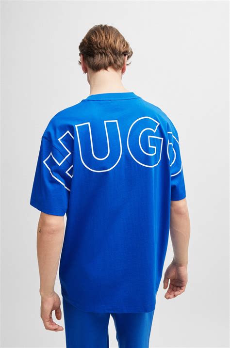HUGO - Cotton-jersey T-shirt with outline logos - Blue