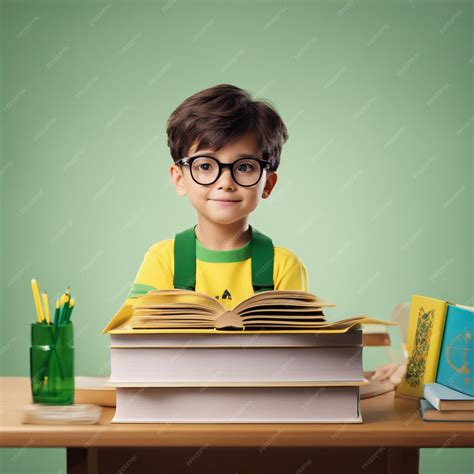 Premium Photo | Back to School a little boy stack of books eager to learn on the table