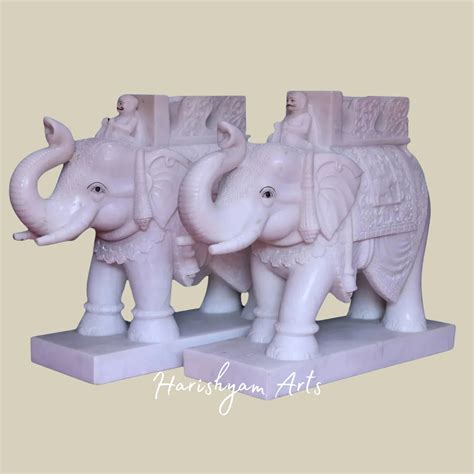 30" Handcrafted Pair of Royal White Makrana Marble Elephant Sculptures