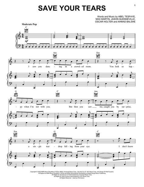 The Weeknd 'Save Your Tears' Sheet Music and Printable PDF Music Notes ...