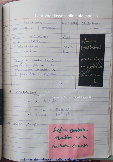 Lesson Plan Model For Maths on quadratic equation