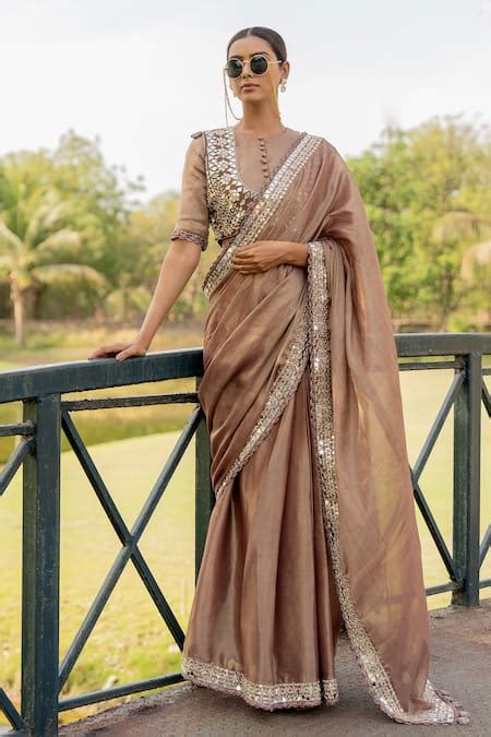 Buy Brown Silk, Tissue Mirrors Round Neck Embroidered Hem Saree With ...