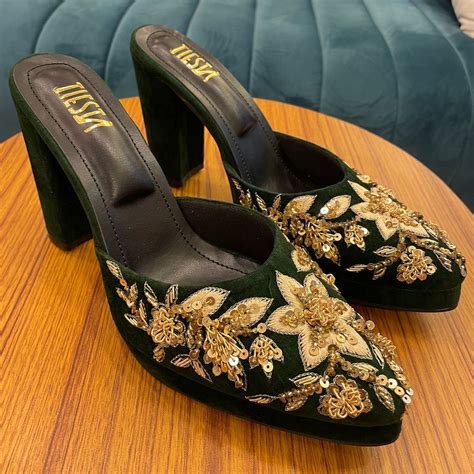 Sabah Green Velvet Customised Bridal Heels for Weddings | Tiesta Shoes ...
