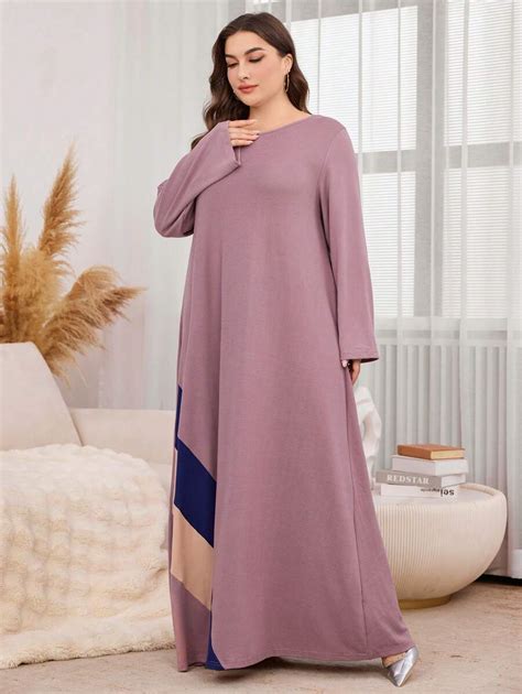 SHEIN Mulvari Plus Size Color Block Long Sleeve Arabic Style Dress Maxi ...
