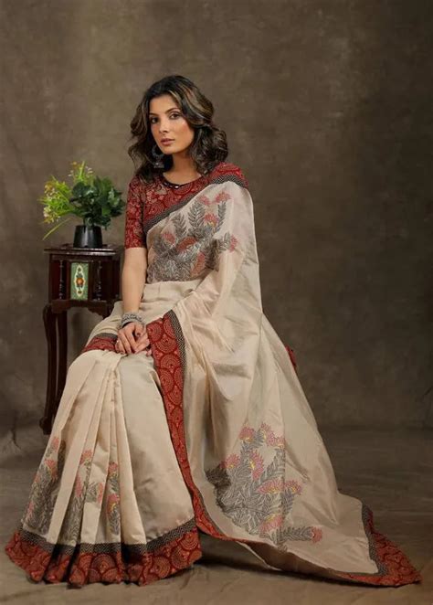 Cream Color Digital Printed Linen Saree – RadiantSarees