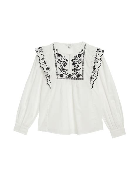 Buy Pure Cotton Embroidered Frill Detail Blouse at Marks & Spencer