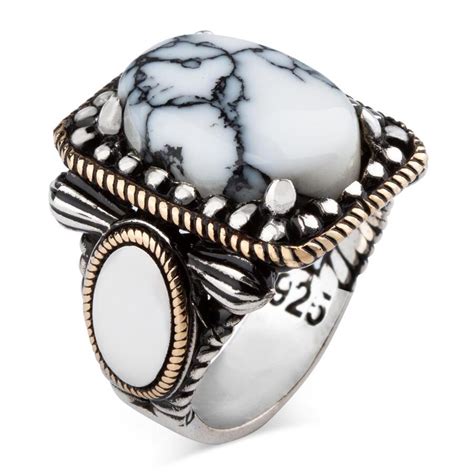 925 Sterling Silver Men's Ring With Dot Embroidered White Turquoise ...