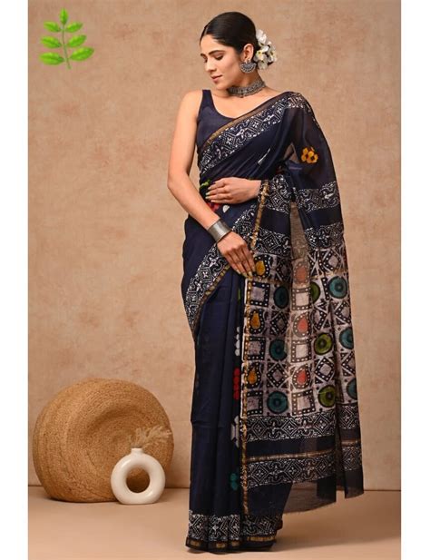 Blue Black Pure HandBlock Printed Chanderi Silk Saree – Paarijaatham.com