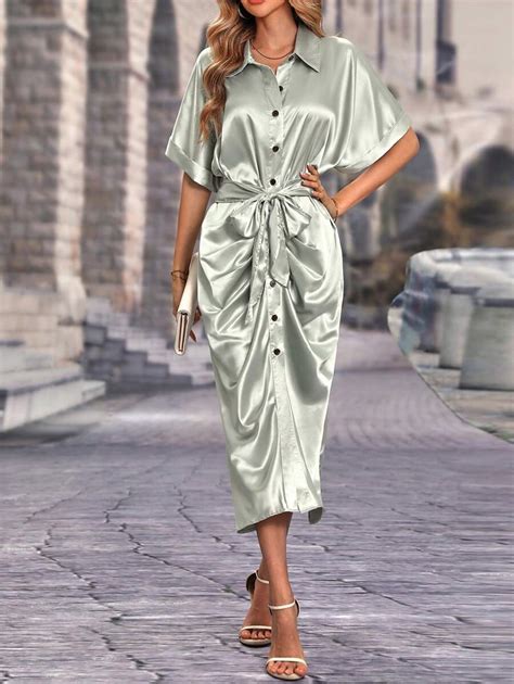 SHEIN Clasi Batwing Sleeve Ruched Button Front Satin Shirt Dress ...