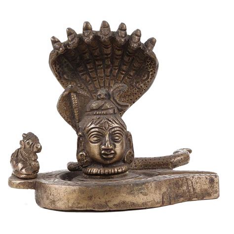 Handmade Blackened Brass Shiva Face On Shivling With Nandi Idol
