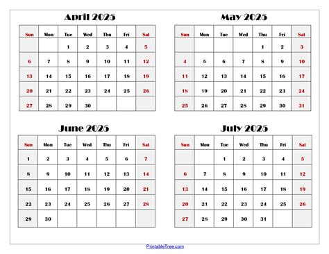 April to July 2025 Calendar Printable PDF | Four Months Calendar