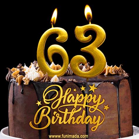 63 Birthday Chocolate Cake with Gold Glitter Number 63 Candles (GIF ...