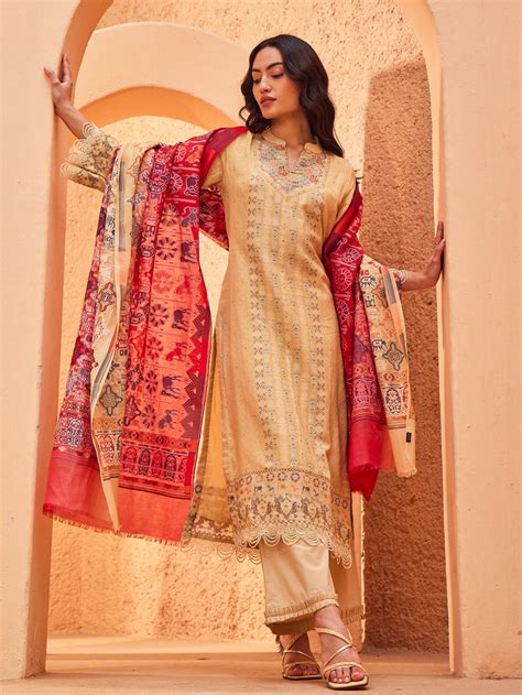 Buy Manzil: Beige Ecru Ombre Jacquard Karni Unstitched Suit & Dupatta ...