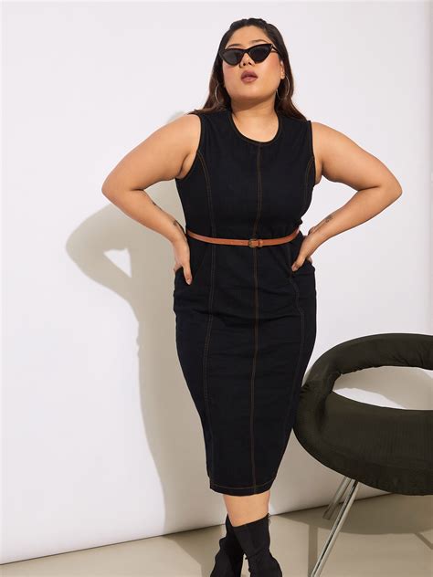 Women Black Denim Sleeveless Belted Bodycon Dress