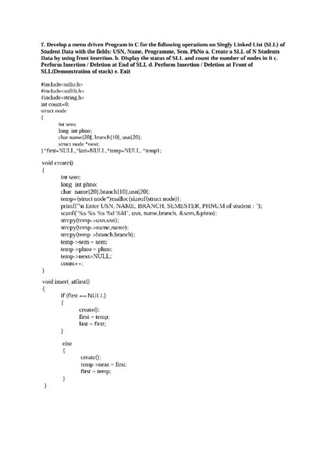 Program 7 - 7. Develop a menu driven Program in C for the following ...