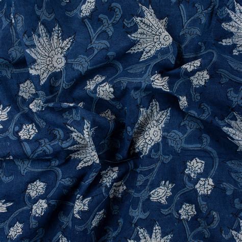 Buy White Floral Indigo Pure Cotton Hand Block Print Fabric – Dmaasa