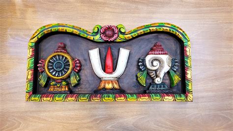 Wooden Namam Sangu Chakram Wooden Wall Panel Frame 24 x 12 Inch Wall H ...