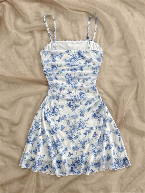 SHEIN WYWH Blauw-witte zomerjurk met halterhals en bloemenmesh voor ...