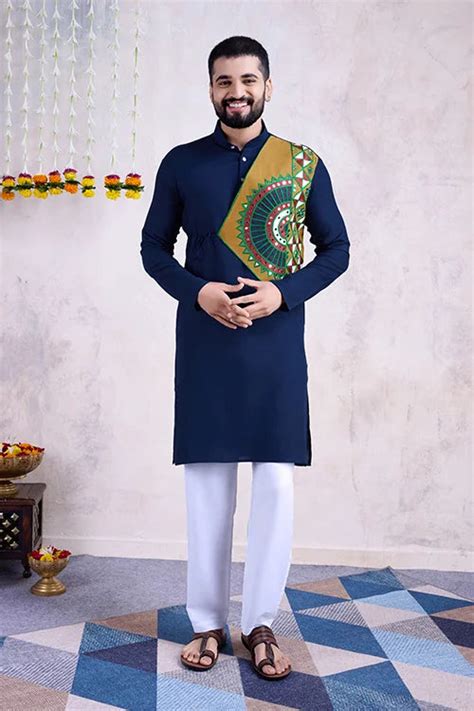 Navy Blue Navratri Special Designer Embroiered Kurta for Men's Wear ...