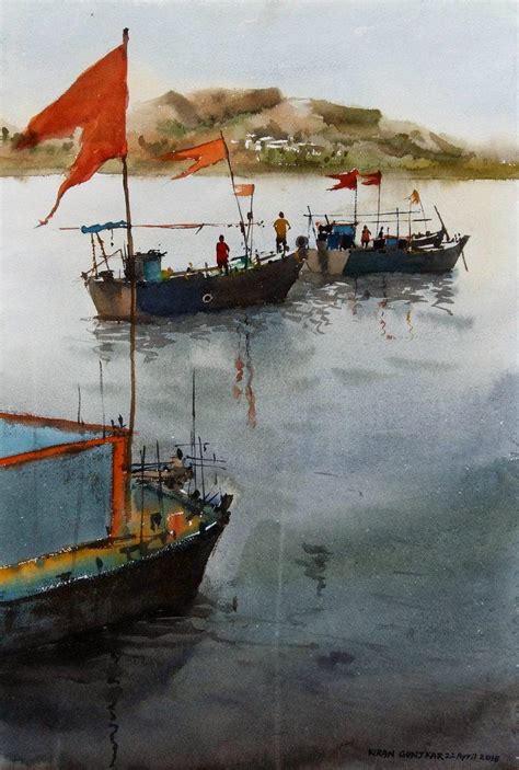 "Boats": Orange Watercolor Painting (22x15) by Kiran Gunjkar | ArtZolo.com